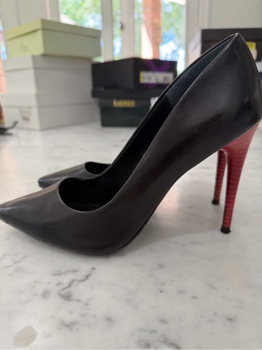 Donald J. Pliner Black Leather Pointed-Toe Pumps with Red Stacked Heel
